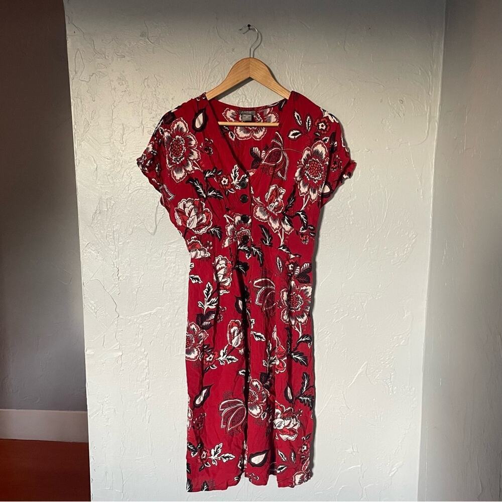 Angie Red Floral Flutter Sleeve Miss Honey Button Front Sundress sz Medium - Picture 1 of 6